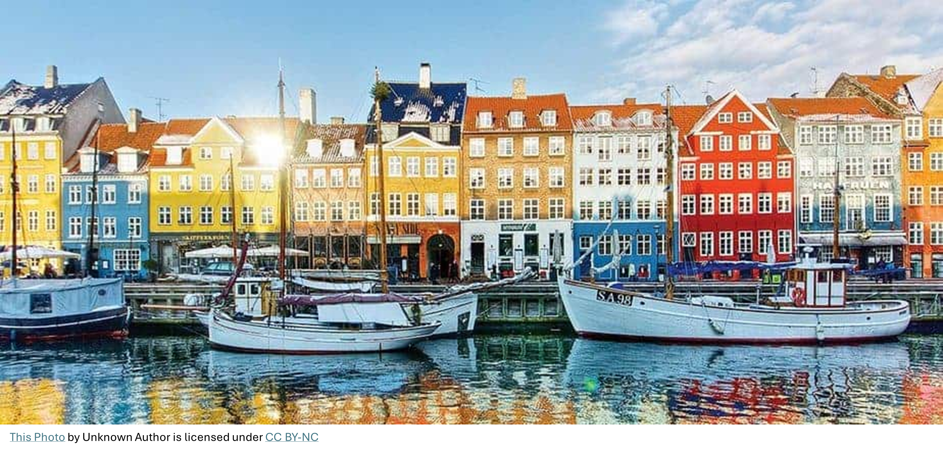 A harbor in Copenhagen with colorful building and boats