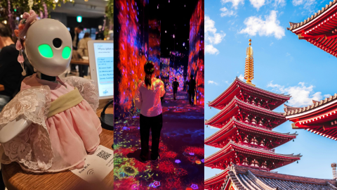 Left: Robot from the Dawn Robot Cafe, operated by disabled woman in Fukuoka. Middle: Immersive museum installation TEAMLabs Borderless. Right: Twin Pagodas
