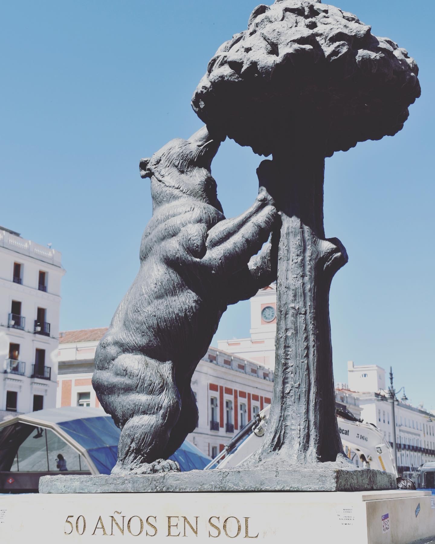 Photo of statue in Madrid of a bear with its front paws on a strawberry tree. At the bottom of the statue, it reads 